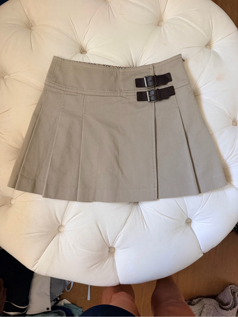 Burberry Blue Label Khaki Pleated Faux Wrap Mini Skirt with Buckle Straps